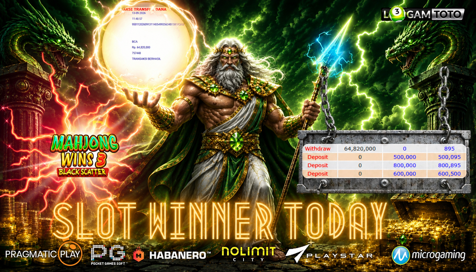 SELAMAT KEPADA MEMBER SETIA LOGAMTOTO BERHASIL JACKPOT 64.820.000 DI PERMAINAN MAHJONG WINS 3 BLACK SCETER